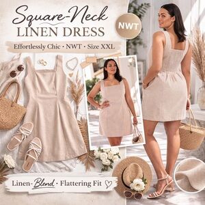 🆕 Square Neck Linen Blend Dress XXL Neutral Beige Mini”